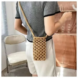 Korean Style Cotton Thread Woven Hollow Out Mini Phone Bag Fashionable Crossbody Bag Casual Minimalist Phone Pouch Shoulder