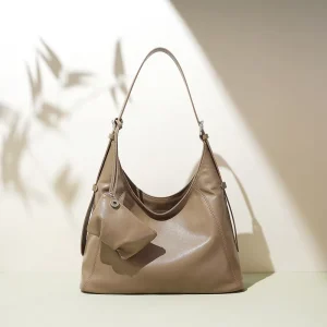 Large Capacity Genuine Leather Tote Bag for Women Vintage Real Cowhide Shoulder Bag Minimalist Hobo Purse with Mini Coin Pouch