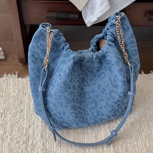 Leopard Denim Women’s Shoulder Bags Elegant Chain Ladies Crossbody Bag Simple High Quality Bucket Bag Large Capacity Handbags