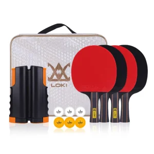 Loki Table Tennis Set of 4 Rackets 6 Balls with a Net and a Colorful Carrying Bag Ping Pong Paddle Set