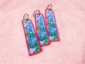Lotus Flower Embroidered Keychain Tag Oriental Floral Woven Key Fob Vintage Fabric Key Ring Accessory for Backpack Purse Keys