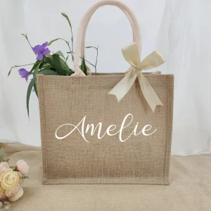 Low MOQ Vintage Natural Burlap Tote Hand Bag with Customized Name Logo Printed for Bridesmaid Proposal Gift Party Event Giveaway