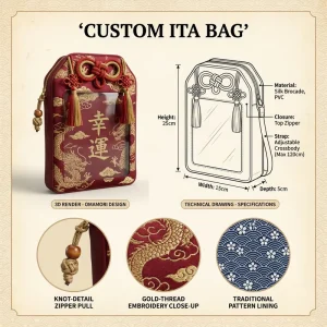 Lucky Charm Shaped Ita Bag Traditional Oriental Style Silk Fabric Clear PVC Window Adjustable Crossbody Purse Merch Holder