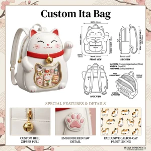 Lucky Maneki Neko Ita Bag Japanese Style Clear PVC Window Gold Plated Metal Hardware Adjustable Strap Cute Merch Holder Daypack