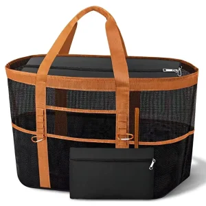 Mesh Beach Tote Bag for Women Top Zipper 11 Pockets Detachable Pouch Machine Washable Chic Summer Handbag
