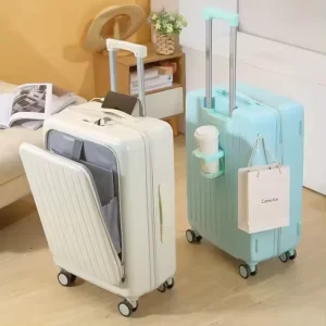 Multifunctional Front Opening Travel Suitcase With Silent Spinner Wheels USB Charging Port Phone Cup Holder Luggage