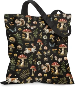 Mushroom 2 Canvas Tote Bag Women Magnetic Snap Closure Zipper Inner Pocket Lightweight Stylish Shoulder Handbag Travel