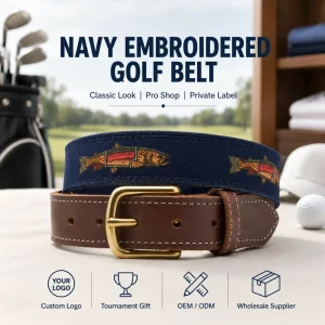 Navy Embroidered Golf Belt Men Canvas Leather Belt Custom Logo Pro Shop Private Label Supplier