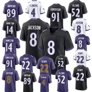 New Arrival Baltimore Stitched #52 Lewis #89 Andrews #14 Hamilton #8 Jackson #22 Henry American Football Jersey
