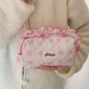New Lace Bow Zipper Makeup Bag Women Girls Durable Polyester Large Capacity Outdoor Travel Portable Storage Fashion