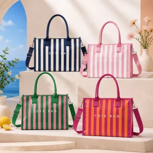 New Women Striped Print Tote Bag Large Capacity Casual Shoulder Handbag for Office Work Travel