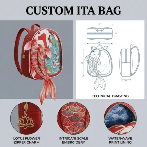 Oriental Zen Ita Bag Large Clear Window Red White Carp Shaped Backpack Artistic Merch Holder Collector Daypack