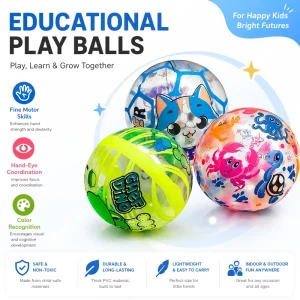 PVC Educational Play Balls Cartoon Printed Inflatable Kids Toy Balls for Fine Motor Skill Hand Eye Coordination Training Outdoor