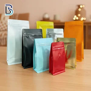 Packing Multi color Coffee Bags With Valve And Zipper Plastic Resealable Flat Bottom Bag In Stock