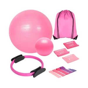 Pink Portable Pilates Essentials Kit with Large Yoga Ball and Durable Resistance Bands Workout Accessories for Home Exercise