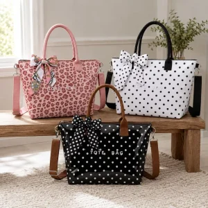 Polka Dots Print PVC Tote Bag Fashion Leopard Print Shopping Two piece Tote Bag Set Large Capacity Crossbody Bag Makeup Bag