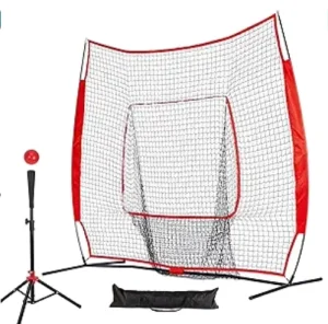 Portable Baseball and Softball Net for Hitting and Pitching with Sturdy Bow Frame Batting Tee Ball Caddy and 2 Strike Zones