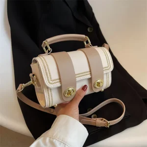 Pu Fashion Women Bag Leisure High Texture Women’s Handbag Solid Color Buckle Fashion Splicing Single Shoulder Messenger Bag