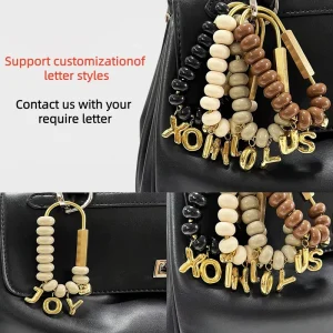 RW Beige Acrylic Large Beaded KeyChain With Custom Letter Pendant Bag Charms Retro Acrylic Beaded Car Keychain for Woman