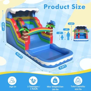 Rainbow Dolphin PVC Inflatable Water Slide Pool for Kids Home Backyard School Indoor Summer Party Outdoor Water Fun