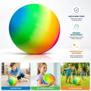 Rainbow Inflatable Bouncy Ball Soft Durable Kids Playground Toy Leak Proof Valve Stress Relief Beach Park Play Ball