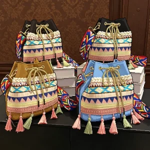 Retro Boho Tassel Bucket Bag Ethnic Pattern Drawstring Crossbody Bag Large Capacity Women’s Shoulder Handbag
