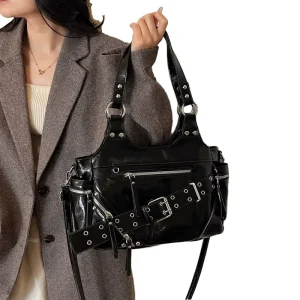 Retro PU Leather Handbags for Women Y2K Rivet Shoulder Bag Zip Closure Eyelets Belt Crossbody Purse with Multiple Pockets