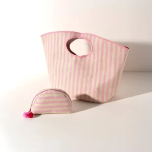 Royal Fair Custom Pink Striped Canvas Hand Hold Beach Tote Bag with Matching Mini Cosmetic Pouch for Vacation Daily Outing