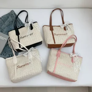 Spring Seaside Vacation Style Large Capacity Beach Bag Fashionable Trendy Street Fashion Minimalist Woven Tote Zipper Polyester