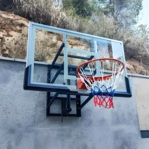 Steel Portable Outdoor Wall Mounted Basketball Hoop With Tempered Glass Backboard Red Customized Color Height Adjustable System