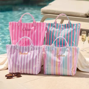 Striped Waterproof Beach Tote Bag for Women Glossy Wipe Clean Handbag Reinforced Handles Summer Vacation Pool Shopping Bag