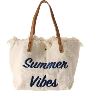 Summer Vibes Embroidered Canvas Tote Bag Large Capacity Fringe Beach Shoulder Bag Reusable Casual Shopping Handbag