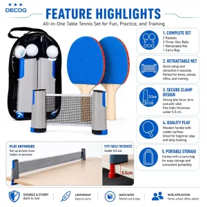 Table Tennis Set with 2 Rackets 3 Balls and Retractable Net for Family School Training and