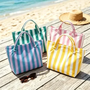 Terry Cloth Colorful Striped Shoulder Bag Reusable Beach Travel Large Capacity Tote Bag Women’s Soft Toweling Handbags