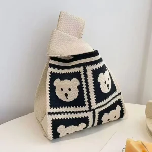 Trendy Bear Print Knit Polyester Mini Wrist Tote Bag Open Checkerboard Knot Handle Casual Purse Large Capacity Lightweight