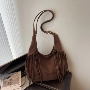 Trendy Women’s Double-Sided Suede Retro Dumpling Bag Tassel Large Capacity Single Shoulder Underarm Tote Open Closure