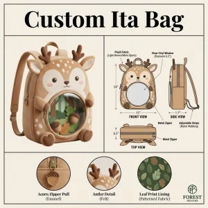 Whimsical Woodland Deer Ita Bag Fairycore Style 3D Antler Detail Leaf Print Lining Adjustable Straps Cute Merch Holder Daypack