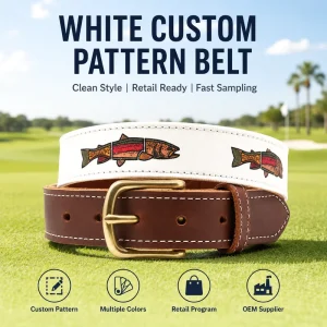 White Custom Pattern Golf Belt Men Canvas Belt Retail Ready Club Program OEM Fast Sampling Supplier
