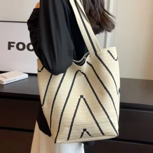 Women Daily Knitted Durable Tote Bag Shoulder Shopping Bags Women Accessories Stripe Bags
