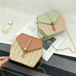 Women Summer Boho Crossbody Handbag Ins Chain Rattan Clutch Bag with Tassel