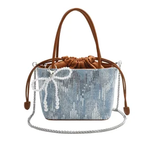 Women’s Autumn Denim Waterproof Bucket Bag Two Straps Sequin Beaded Shoulder Accessory Zipper Closure Cross border