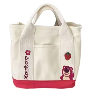 Women’s Bag Heart Strawberry Cute Bear Embroidery Canvas Open Large-capacity Shoulder Bag