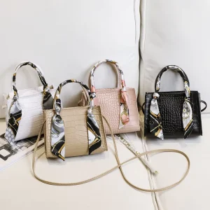 Women’s Crocodile Crossbody Shoulder Bag with Diamond Chain Waterproof PU Leather Handbag Summer Silk Scarf Accessory