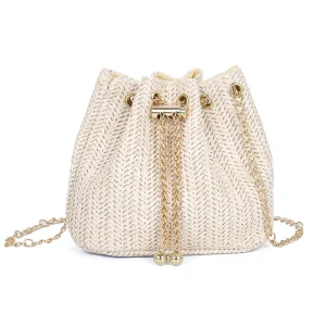 Women’s Straw Bucket Bag with RFID Protection Single Strap Pearl Detail Autumn Beach Shoulder Bag
