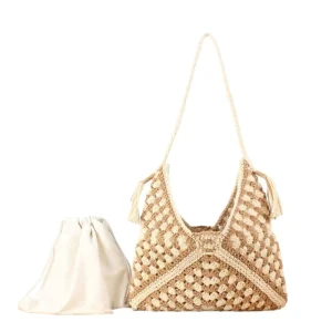 Women’s Vintage Bohemian Crochet Tote Bag with String Closure and Polyester Lining