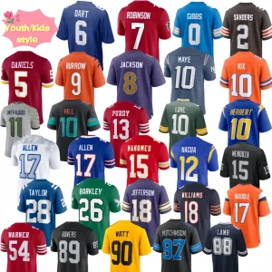 Youth Kids Style Full Embroidered #1 Hurts #8 Jackson #13 Purdy #10 Maye #18 Jefferson American Football Jersey